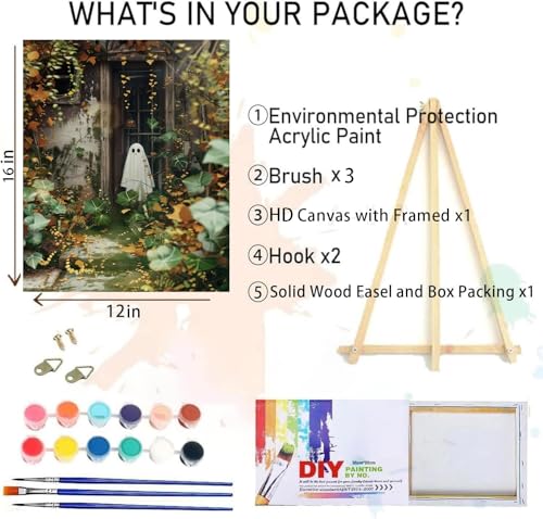 Halloween Paint by Numbers for Adults with Framed Canvas-with Wooden Easel,Ghost Paint by Number on Canvas,DIY Acrylic Oil Painting Kits with Brushes Nice Gift Box for Home Wall Decor(12x16 Inch) - color: DKMT0916
