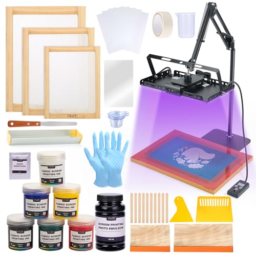 Caydo 54 PCS All-In-One Screen Printing Kit with 100W LED UV Exposure Light, 3 Sizes Wood Screen Printing Frames, 6 Colors Screen Printing Ink, Screen Printing Photo Emulsion, Screen Printing Squeegee