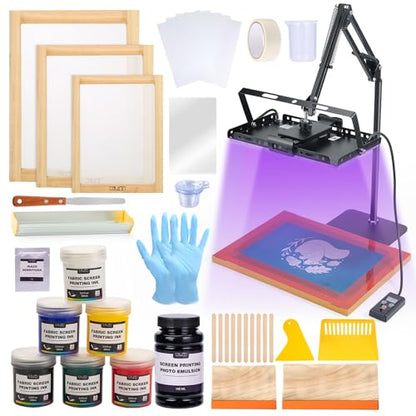 Caydo 54 PCS All-In-One Screen Printing Kit with 100W LED UV Exposure Light, 3 Sizes Wood Screen Printing Frames, 6 Colors Screen Printing Ink, Screen Printing Photo Emulsion, Screen Printing Squeegee