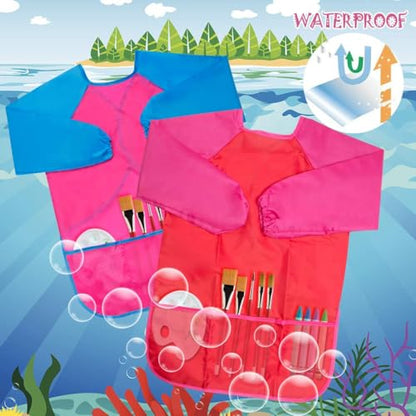 Kids Art Smocks 2 Pack Painting Smock with Long Sleeve and 3 Pockets for Age 3-8 - color: Pink