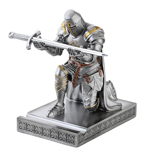 Medieval Templar Vanguard Officer Knight Pen Holder Desk Organizers Silver | Pencil Stand Paperweight Desktop Decoration Accessories Cell Phone Stand with a Fancy Sword for Medieval Warrior Enthusiast - color: Silver