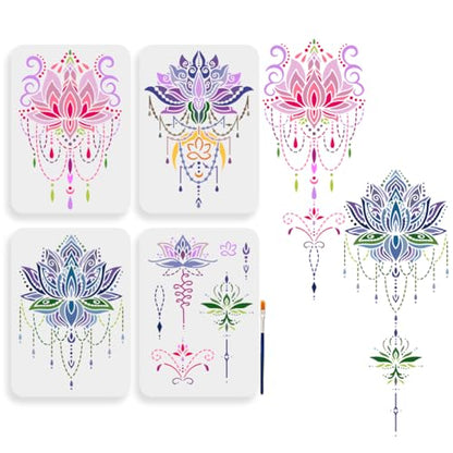 MAYJOYDIY Mandala Lotus Stencils, 11.7 x 8.3 inches, 4 Pieces with Paint Brush, for DIY Crafts - color: Mandala Lotus