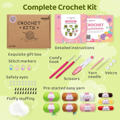 Mewaii Crochet Kit for Beginners, 9 Pack Plant Kit Craft Set - color: Green,Brown, White and Pink