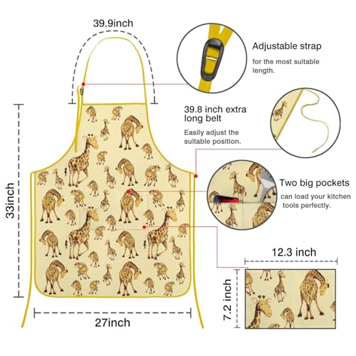 Apron with 2 Pockets,Kitchen Chef Artist Aprons for Cooking Gardening Baking Painting, Waterproof Apron 33" x 27" - color: Giraffe