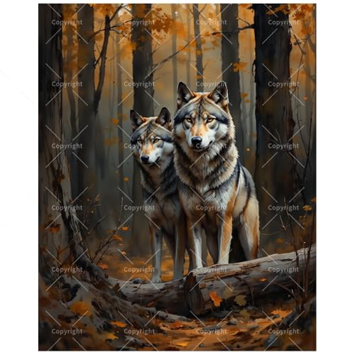 Wildlife Paint by Numbers Kit for Adults - DIY Realistic Wolf Pair in Autumn Forest Painting on Canvas 8x12In, Framed Acrylic Paint Set, Suitable for Beginners, Art for Home Decoration or Gifts - color: FM04364, size: 8×12in Framed