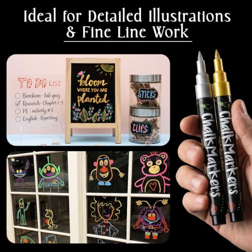 Chalkola 10 Extra Fine Tip Metallic Chalk Markers for Blackboard - 1mm Tip - size: Extra Fine Tip - 1mm