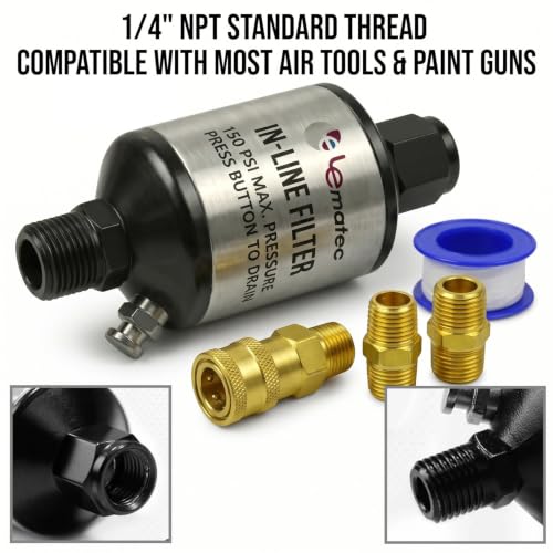 LE LEMATEC Moisture Trap & Water Separator for Paint Gun 1/4" NPT - size: 1.6" x 1.6" x 3.6" (With Adapter)