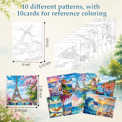 Ctosree 72 Pcs Seaside Scenery Paint and Sip Kit for Adults 8'' x 10'' Pre Drawn Canvas for Painting DIY Pre Printed Canvas for Party Favor Acrylic Painting Kit Wood Easel Brushes Date Night Bulk - style: Seaside Scenery