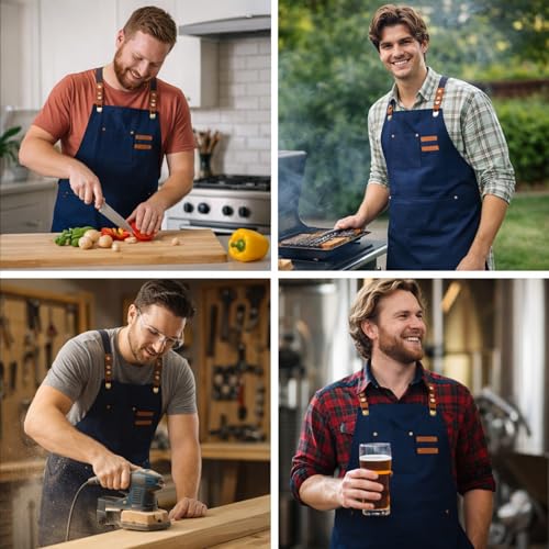Chef Aprons for Men Canvas Apron with Large Pockets and Adjustable Neck Strap for Cooking,BBQ, Gardening - color: Blue