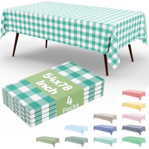 misaya 4 Packs 54 x 78 Inch Buffalo Disposable Table Cloth, Waterproof Plastic Tablecloth, Rectangle Teal and White Checkered Table Covers for Picnic, Birthday, Party, Back to School - color: Teal and White, size: 54" X 78"