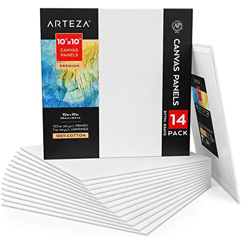 ARTEZA Canvases for Painting, Pack of 14, 10 x 10 Inches, Square Blank Art Canvas Boards, 100% Cotton, 12.3 oz Gesso-Primed, Art Supplies for Adults and Teens, Acrylic Pouring and Oil Painting - size: 10 x 10 (Pack of 14)
