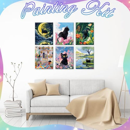 Motipuns 12 Set Black Cat Flower Pre Drawn Canvas for Paint for Adults | 8 x 10 Inch, Sip and Paint Party Kit, Pre Printed Framed Canvas with Easels Paints Brushes Aprons, Party Adult Art Supplies - style: Flower Cat
