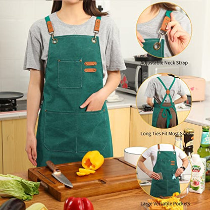 Tosewever Canvas Cross Back Chef Cotton Aprons for Men Women with Large Pockets - color: Green