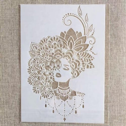 TIAMECH A4 Reusable Mandala Lady Stencil for Painting | Jewellery Flower Hairstyle Lady Layering Template, DIY Wall Art, Wood Furniture, Scrapbook & Crafts (8.3x11.7inch) - style: Jewellery Girl