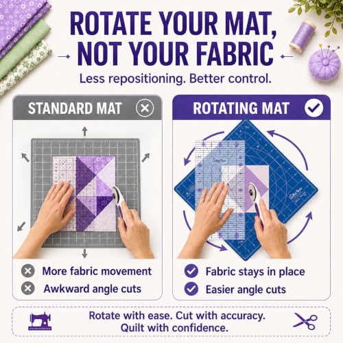 The Quilted Bear 18" x 18" Rotating Self-Healing Cutting Mat, Blue | Square Mat, 360° Rotation, Locking Mechanism, 5-Layer Surface, Non-Slip Base, Clear Inch Grid & Angle Guides for Quilting - color: Blue, size: 18"L x 18"W
