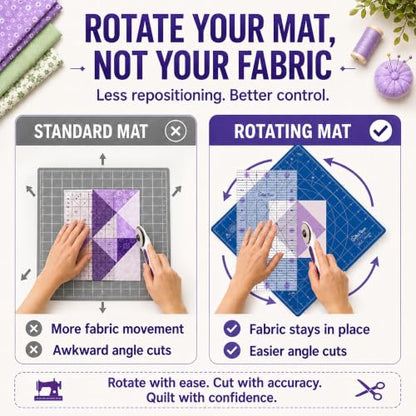 The Quilted Bear 18" x 18" Rotating Self-Healing Cutting Mat, Blue | Square Mat, 360° Rotation, Locking Mechanism, 5-Layer Surface, Non-Slip Base, Clear Inch Grid & Angle Guides for Quilting - color: Blue, size: 18"L x 18"W