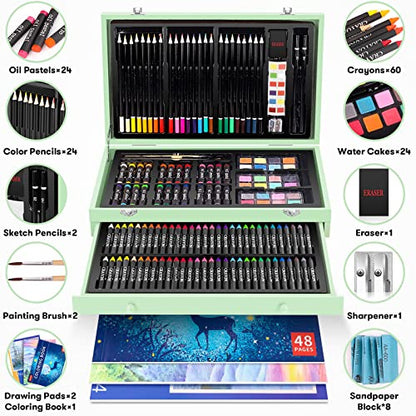 iBayam Art Supplies, 150-Pack Deluxe Wooden Art Set Drawing Painting Kit | with 1 Coloring Book, 2 Sketch Pads, Creative Crafts Gift Box for Adults Artist Beginners Kids Girls Boys - color: Green