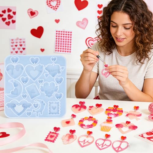 4 Pack Heart Resin Earring Molds Love Heart Flower Shape Earring Silicone Molds for Mother's Day Epoxy Casting UV Resin Molds with 200 Earring Hook kit for DIY Crafts Jewelry Making Keychains Pendant - color: Clear-heart shape