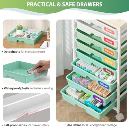 Goovilla Rolling Cart with 8 Drawers for Art, Dorm, Office, Craft, Green