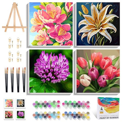 PRASIO 4 Pack Paint by Numbers Kit for Adults Framed Canvas with Wooden Easel, Flowers Easy Paint by Number Kits with Frame, Acrylic Watercolor Adult Paint by Number Kits on Canvas Framed 10x10 Inch - color: OP-4P-F-Flowers-2525