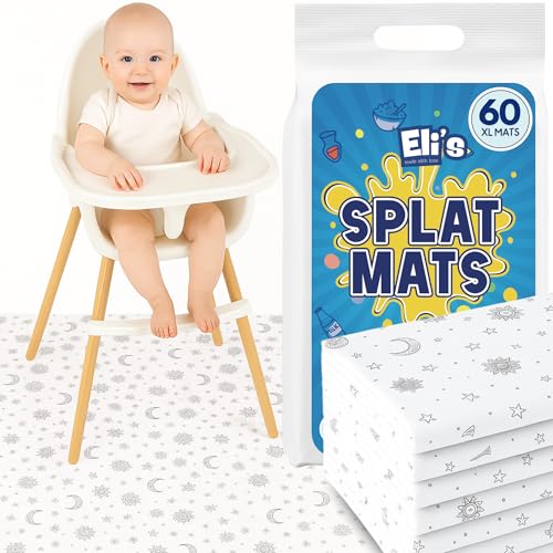 60 Pack Disposable Splat Mats by Eli with Love - Extra Large 49"x49" 100% Waterproof Baby Splat Mat for Under High Chair - Plastic Mat Liner for Floor - Protect from Spills (Moon & Stars, 60 Pack) - color: Moon & Stars, size: 60 Pack