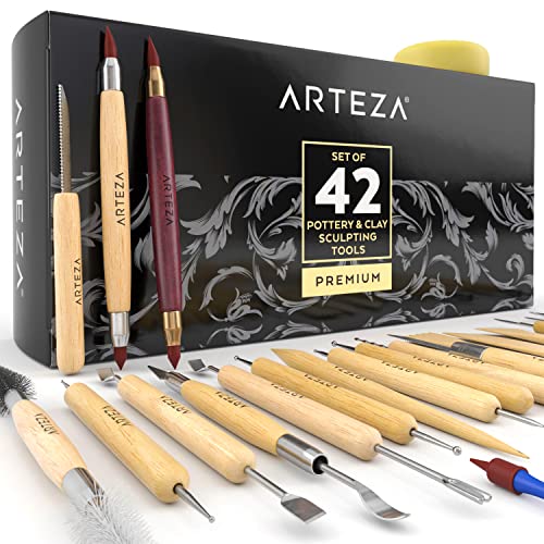 ARTEZA Pottery & Sculpting Tools, 42-Piece Clay Tools Set with Wooden Handles & Steel Tips for Polymer Clay, Ceramics, Carving, Modeling, Shaping & Smoothing - size: Set of 42