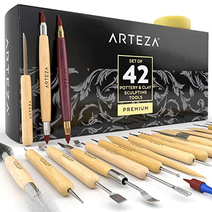 ARTEZA Pottery & Sculpting Tools, 42-Piece Clay Tools Set with Wooden Handles & Steel Tips for Polymer Clay, Ceramics, Carving, Modeling, Shaping & Smoothing - size: Set of 42