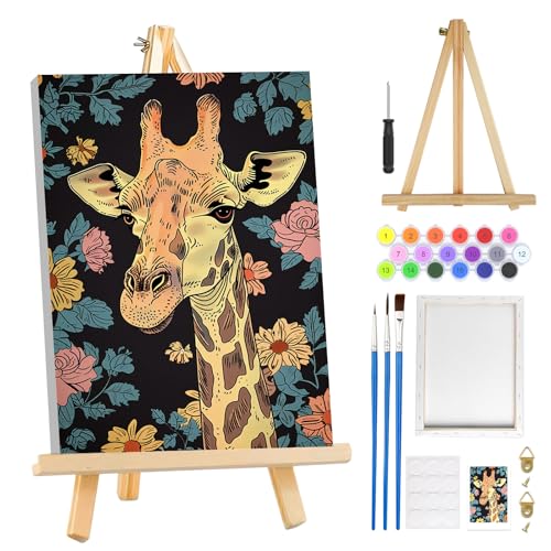 MOGTAA Paint by Numbers Kit for Adults with Frame, Giraffe Paint by Number Canvas, Flowers Paint by Numbers with Easel, DIY Animal Oil Painting Kit for Home Wall Decor 8 x 12 Inch - color: Giraffe
