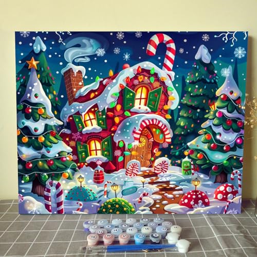 Christmas Candy House DIY Paint by Numbers for Adults Winter Snow Xmas Landscape DIY Oil Painting Acrylic Paint Art Painting Kits Canvas with Acrylic Paints Cute Holiday Art 16x20 Inch（without Frame） - color: Nature Scenery 10, size: 16''x20''(Frameless)