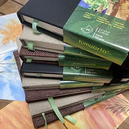 tumuarta Cotton Watercolor Paper Journal Mixed Media Pad On The Go | 3.5x5.5”, 140 LB, 300 GSM, Cotton Paper, Cold Press, 24 Sheets, Watercolor Sketchbooks for Use As Travel Drawing Book - color: Black