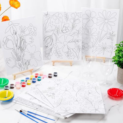 Sherr 96 Pcs 12 Sets Pre Drawn Canvas Kit for Painting Craft Sip and Paint Kit for Adults Pre Printed Canvas Painting Favor for DIY Birthday Gifts Adult's Date Party, 8 x 10 Inches(Flower) - style: Flower