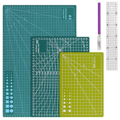 3Pcs Self Healing Cutting Mat with Knife and Quilting Ruler，3 Size Non-Slip Cutting Mat for Crafts Hobby Project， A3/A4/A5，Green