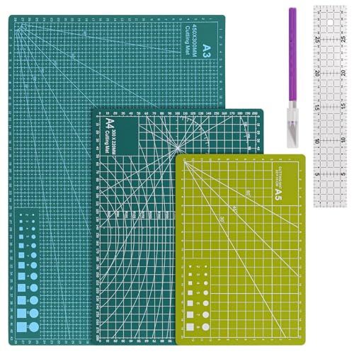3Pcs Self Healing Cutting Mat with Knife and Quilting Ruler，3 Size Non-Slip Cutting Mat for Crafts Hobby Project， A3/A4/A5，Green