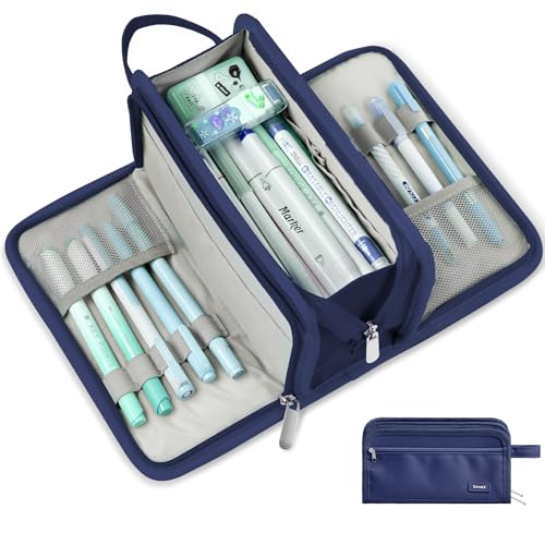 Sooez Large Pencil Case, Pencil Pouch, Pencil Bag, Pencil Box, Navy Blue | Ample Storage, Durable Canvas, Smooth Zippers, Portable Handle, Cute Stationery Organizer, Makeup Bag, School Supplies, Boys - color: Navy Blue