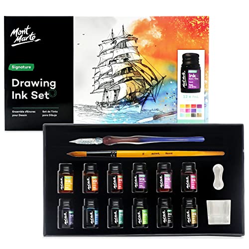 Mont Marte Drawing Ink Kit Signature 16pc, Great Art Set, Includes 12 x 7ml (0.24 US fl.oz) Ink Colours, Glass Dip Pen, Paint Brush, Pen Rest, Ink Well, for Illustration, Calligraphy, Scrapbooking