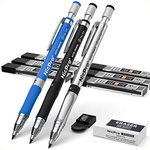 Nicpro 11 Pieces 2mm Mechanical Pencil Set, 3 PCS Carpenter Drafting Pencil 2.0 mm for Art Drawing Writing Sketching Construction with 6 Tube Pre-Sharpen HB & 2B Refill, Eraser, Sharpener - color: Black
