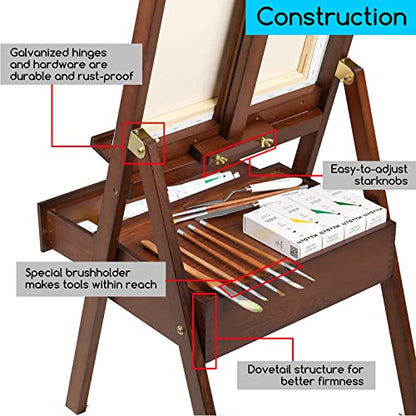 MEEDEN Studio H-Frame Easel with Art Supply Storage Drawer - Adjustable (60"~75") Solid Beech Wood Easel Stand for Artists, Students and Adults, Holds Canvas Art up to 36" - Walnut - color: Walnut