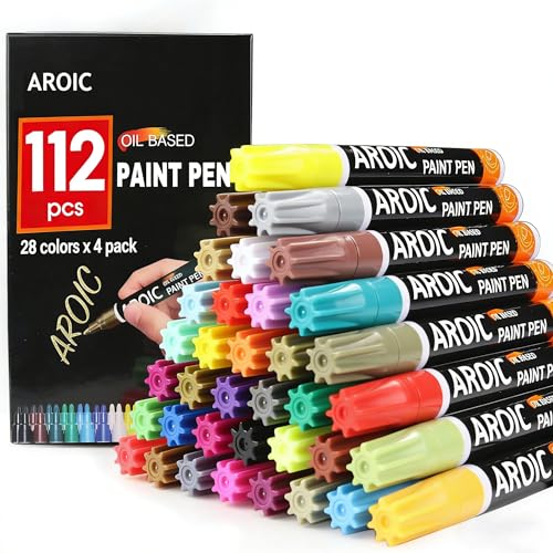 112Pcs Acrylic Paint Markers, 28 Colors 2mm Fine Tip Permanent Paint Pens | Quick Dry, Waterproof, Non-Toxic for Glass, Ceramic, Metal, Plastic - Ideal for Artists, DIY Crafts & Rock Painting - color: 112pcs