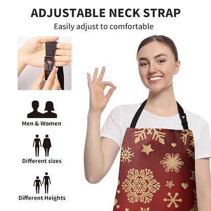 Winter Apron Gold Snowflakes Apron for Adult Red Christmas Aprons with Adjustable Strap Baking Aprons with Two Pockets for Cooking,Crafting, Painting - color: Gold Snowflakes
