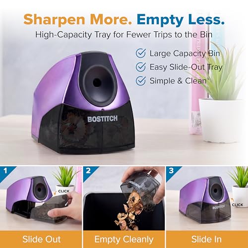 Bostitch Office Electric Pencil Sharpener for Classroom & Desk Use, Heavy-Duty Stall-Free Motor, High-Capacity Shavings Tray, Metallic Purple - color: Metallic Purple