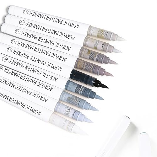 Acrylic Paint Markers,Solid Color Series 9 pcs Acrylic Paint Pens Set Brush Tip Acrylic Paint Pens for Artists Adults,for Rock Painting, Ceramic Mugs,Eggs,Canvas DIY Crafts（Grey） - color: Grey
