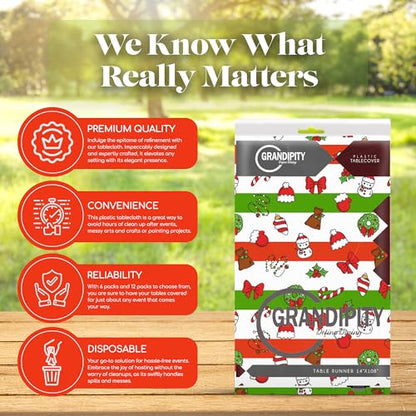 Grandipity Holiday Christmas 6 Pack Premium Disposable Plastic Tablecloth 54 Inch. x 108 Inch. Rectangle Table Cover - color: Christmas, size: 54" x 108" - 6 Pack