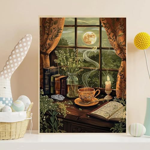 Diamond Art Kits for Adults, Book Diamond Art Painting Kits for Adults | Vintage Book Stress Relief Full Round Drill Heartfelt DIY Gift Strong Adhesive Wall Decor HD Canvas 11.8x15.7in 30x40cm - color: Books and Tea