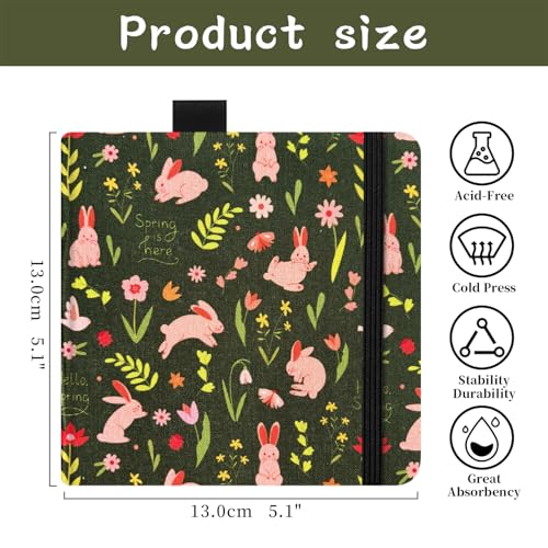 5x5" Watercolor Sketchbook,Mixed Media Pad,Travel Portable Drawing Journal | 140LB/300gsm 20Sheets/40Pages Watercolor Paper,Cloth Fabric Hardcover,Sewing Binding,Lay-Flat.Spring Rabbit - color: 300gsm-Spring Rabbit