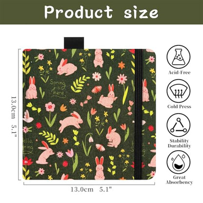 5x5" Watercolor Sketchbook,Mixed Media Pad,Travel Portable Drawing Journal | 140LB/300gsm 20Sheets/40Pages Watercolor Paper,Cloth Fabric Hardcover,Sewing Binding,Lay-Flat.Spring Rabbit - color: 300gsm-Spring Rabbit