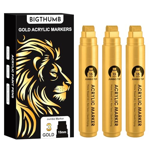 BIGTHUMB 3 Pcs Gold Jumbo Permanent Markers: 15mm Wide Tip Thick Acrylic Paint Pen Large Calligraphy Marker for Rock Painting, Poster, Sign, Canvas, Glass, Wood, Ceramic - color: Gold