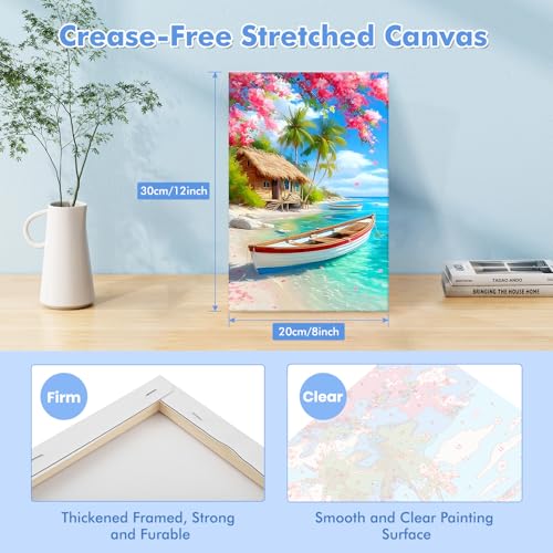 Bowetile Framed Landscape Paint by Numbers Kit for Adults, Adults' Paint-by-Number Kits on Canvas, Painting by Numbers Seaside, Acrylic Boat Number Painting for Home Wall Decor, 8x12in - color: Seaside, Landscape