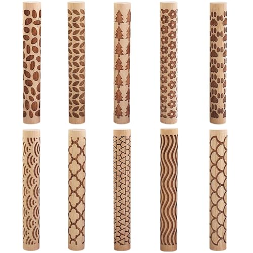10 PCS Wooden Clay Texture Rollers Set, 100mm Pottery Pattern Rolling Pins with 10 Unique Designs, Ceramic and Polymer Clay Stamp Roller Tools for Studio Craft, Sculpting & Handmade Art Projects(A+B) - color: A+B