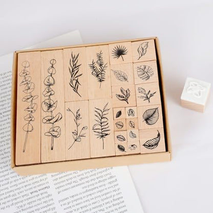 22 Pcs Plant Wooden Rubber Stamps Set, Wood Stamps for Journal, Diary, Scrapbook, Planner, Letter, DIY Craft, Card Making (Green Vitality) - color: Green Vitality