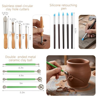 Kenaeooe 42 PCS Pottery Tools Kit Professional Clay Sculpting Tools Set with Leather Roll Bag for Polymer Clay, Ceramic, Modeling, Carving, Trimming, and Shaping for Artists and Beginners